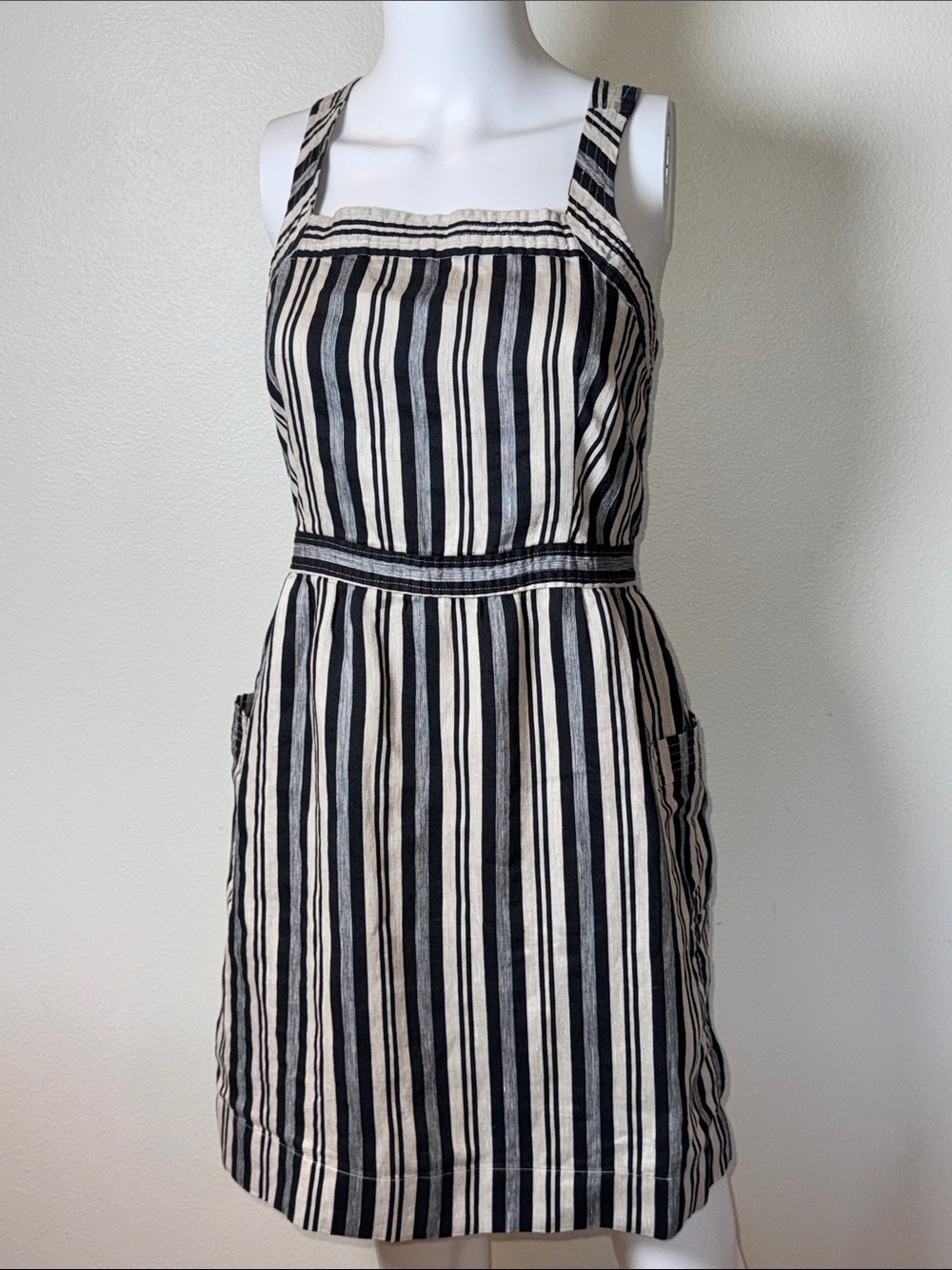 Madewell Evelyn Stripe Apron Mini Dress Linen Blend Cross Back Pockets Size 4 - Picture 2 of 8
